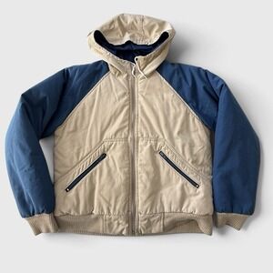 Vintage Rally Bomber Jacket Down Hooded Beige Navy Colorblock 80s Women's L
